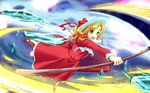  blonde_hair crystal dress elly foreshortening gauu!? hat hat_ribbon highres holding holding_scythe ribbon scythe solo sweatdrop touhou touhou_(pc-98) wallpaper yellow_eyes 