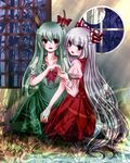  bad_id bad_pixiv_id blush bow dress ex-keine fujiwara_no_mokou green_hair hair_bow hakomonotown horn_ribbon horns kamishirasawa_keine long_hair moon multiple_girls open_mouth red_eyes ribbon silver_hair touhou very_long_hair 