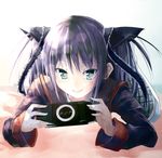  bad_id bad_pixiv_id blue_eyes handheld_game_console little_busters! playstation_portable product_placement purple_hair sasasegawa_sasami solo twintails yae_(mono110) 