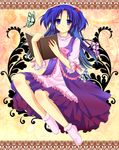  absurdres bad_id bad_pixiv_id book bug butterfly clannad dress frills hair_bobbles hair_ornament highres ichinose_kotomi insect kneeling long_hair purple_eyes purple_hair satonomonaka socks solo two_side_up 