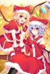  bat_wings blonde_hair blue_hair flandre_scarlet hat highres multiple_girls pantyhose ponytail red_eyes remilia_scarlet santa_costume short_hair siblings side_ponytail sisters thighhighs touhou wings yoi 