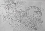  2018 5_fingers anthro bed black_nose clothed clothing feline kashmere leopard male mammal on_bed smile solo topless traditional_media_(artwork) underwear 
