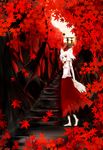 acryl animal_ears autumn bad_id bad_pixiv_id barefoot detached_sleeves hat highres inubashiri_momiji leaf maple_leaf red_eyes short_hair solo stairs tail tokin_hat touhou tree white_hair wolf_ears wolf_tail 