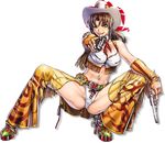  bare_shoulders black_lagoon boots breasts brown_eyes brown_hair chaps cleavage cowboy cowboy_hat cowgirl dual_wielding elbow_gloves fingerless_gloves fringe gloves gun hat high_heels large_breasts legs long_hair looking_at_viewer navel pointing ponytail revolver revy revy_(black_lagoon) shoes simple_background smile spurs squatting tattoo thighs weapon western white_background 