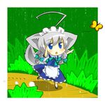  ahoge animal_ears arms_up bad_id bad_pixiv_id blue_eyes blush braid bug butterfly byourou chasing chibi dog_ears dog_tail huge_ahoge insect inu_sakuya izayoi_sakuya maid maid_headdress silver_hair solo tail touhou twin_braids 