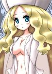  areola_slip areolae blonde_hair blue_eyes blush breasts cattleya_(pokemon) cleavage elite_four female hat large_breasts long_hair navel open_clothes open_mouth open_shirt pokemon pokemon_(game) pokemon_black_and_white pokemon_bw shirt solo very_long_hair 