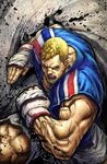  abel_(street_fighter) blonde_hair fighting_stance fingerless_gloves france gloves jersey male_focus muscle scar shorts solo street_fighter street_fighter_iv_(series) 