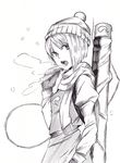  bad_id bad_pixiv_id beanie bob_cut breath greyscale hat highres iro_marimo konpaku_youmu konpaku_youmu_(ghost) long_sleeves mittens monochrome nib_pen_(medium) open_mouth scabbard scarf sheath shimamura_youmu short_hair snow solo touhou traditional_media 