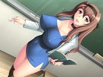  breasts brown_hair classroom cleavage dress erect_nipples highres impossible_clothing impossible_shirt large_breasts long_hair no_bra short_dress skin_tight smile solo standing strikes taut_shirt teacher thighhighs 