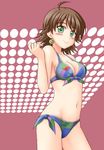  awakened_miki bikini blush breasts brown_hair cleavage covered_nipples earrings front-tie_top green_eyes hoshii_miki idolmaster idolmaster_(classic) jewelry medium_breasts navel short_hair side-tie_bikini swimsuit utomo 