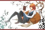  alternate_hairstyle bad_id bad_pixiv_id bat_wings black_legwear book cushion head_wings henau koakuma magic_circle open_clothes open_shirt red_eyes red_hair shirt solo thighhighs touhou wings 