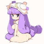  ass breasts capelet crescent hat long_hair medium_breasts nude patchouli_knowledge purple_eyes purple_hair randou sitting solo touhou very_long_hair 