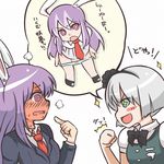  2girls @_@ animal_ears blazer blush blush_stickers bunny_ears chibi clenched_hand collared_shirt commentary doyagao ears_perk ears_up embarrassed full-face_blush hairband jacket konpaku_youmu long_hair multiple_girls necktie open_mouth panties panty_&amp;_stocking_with_garterbelt panty_pull pointing pointing_at_self purple_hair red_neckwear reisen_udongein_inaba ringed_eyes shirt short_hair silver_hair sparkle speech_bubble steam sweat sweating_profusely touhou translated tsukigi underwear undressing vest 