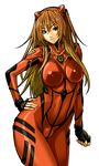  bad_id bad_pixiv_id blue_eyes bodysuit breasts fingerless_gloves gloves hair_ornament hand_on_hip large_breasts long_hair neon_genesis_evangelion orange_hair plugsuit simple_background skin_tight solo souryuu_asuka_langley yukinishi 