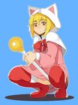  animal_ears blonde_hair cape cat_ears dress female final_fantasy final_fantasy_tactics from_below full_body hood kosame_daizu red_legwear red_thighhighs rod short_hair solo squat squatting thighhighs white_mage white_mage_(fft) yellow_eyes 
