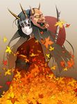  autumn_leaves black_hair blurry depth_of_field face hannya highres hinomoto_oniko horns japanese_clothes kimono kyo_(kuroichigo) leaf long_hair mask obi oni original pale_skin red_eyes red_sun sash solo 