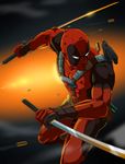  blood bullet deadpool dual_wielding gb_(doubleleaf) gun holding injury katana male_focus marvel solo sword weapon 