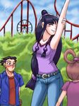  armpits ayasato_harumi ayasato_mayoi black_hair blush brown_hair capcom casual denim ferris_wheel gyakuten_saiban hair_ornament jeans long_hair multiple_girls naruhodou_ryuuichi pants purple_hair roller_coaster stretch sweatdrop very_long_hair 