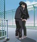  1boy 1girl black_hair cap itou_makoto katsura_kotonoha kiss rooftop school_days screencap sky 