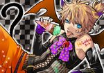  :p bat_wings blonde_hair blue_eyes bow cat_tail checkered costume detached_sleeves fingerless_gloves food gloves hakuseki halloween highres ice_cream kagamine_len male_focus nail_polish orange_nails ponytail solo tail tongue tongue_out vocaloid wings 
