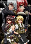  ammunition assault_rifle braid desert_eagle didloaded eotech gloves green_eyes gun hakurei_reimu handgun headset highres hong_meiling izayoi_sakuya kirisame_marisa knife left-handed long_hair m4_carbine military_operator multiple_girls pistol red_eyes red_hair rifle shotgun shotgun_shells touhou trigger_discipline weapon 