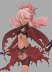  1girl bangs breasts chloe_von_einzbern closed_mouth dark_skin dual_wielding hair_between_eyes hayami_ritsu holding long_hair long_sleeves looking_at_viewer midriff navel outstretched_arms pink_hair silver_background simple_background small_breasts smile solo stomach tassel yellow_eyes 