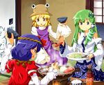  food kochiya_sanae moriya_suwako multiple_girls ruu_(tksymkw) touhou yasaka_kanako 