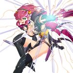  boots breasts doora fingerless_gloves gloves green_eyes kajiyama_hiroshi large_breasts queen's_blade queen's_blade_spiral_chaos red_hair simple_background solo thigh_boots thighhighs 