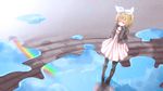  black_legwear blonde_hair blush boots day dress from_above hair_ornament hair_ribbon hairclip jacket kagamine_rin pantyhose pink_dress puddle rainbow reflection ribbon short_hair sky solo tears vocaloid water yayoi_(egoistic_realism) 