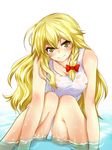  blonde_hair braid breasts highres k2isu kirisame_marisa large_breasts long_hair naughty_face no_hat no_headwear one-piece_swimsuit see-through solo swimsuit touhou wet white_swimsuit yellow_eyes 