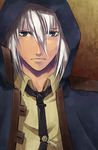  bangs blue_eyes frown god_eater god_eater_burst hood male_focus necktie shinka_(haku) solo soma_schicksal unbuttoned white_hair 