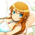  :&lt; aqua_eyes bare_shoulders blue_eyes blush couch frown hair_ornament hairclip hairu kousaka_kirino long_hair looking_at_viewer orange_hair ore_no_imouto_ga_konna_ni_kawaii_wake_ga_nai pillow solo 