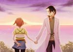 1girl angela_(harvest_moon) chinese_clothes couple gloves hal_(sakurajam) harvest_moon harvest_moon_animal_parade harvest_moon_tree_of_tranquility hetero holding_hands jin_(harvest_moon) labcoat ocean sunset water 