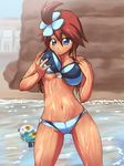  aoyagi_kakerugeki artist_request beach bikini blue_eyes blush breast_grab breast_hold breasts cleavage female fuuro_(pokemon) gym_leader long_hair mijumaru navel oshawott outdoors outside pokemon red_hair sky solo swimsuit water wet 