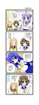  4koma ahoge aotan_nishimoto blue_hair brown_eyes brown_hair comic fang green_eyes hiiragi_kagami izumi_konata kusakabe_misao long_hair lucky_star minegishi_ayano mole mole_under_eye multiple_girls orange_hair purple_eyes purple_hair ryouou_school_uniform school_uniform serafuku short_hair sweatdrop translated 