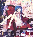  absurdres arin armchair birthday blue_eyes blue_hair blush breasts cake chair checkered checkered_floor cleavage confetti cupcake dress feet food gift high_heels highres long_hair medium_breasts minigirl no_socks nyanya official_art pangya shoe_dangle sitting_sideways solo 