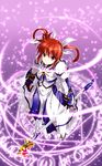  bow brown_hair dress from_above hair_bow hair_ribbon highres looking_up lyrical_nanoha magic_circle mahou_shoujo_lyrical_nanoha mahou_shoujo_lyrical_nanoha_the_movie_1st purple_eyes raising_heart ribbon sky skyt2 solo staff standing takamachi_nanoha 