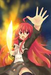  aiho_(kirino) alastor_(shakugan_no_shana) bad_id bad_pixiv_id coat foreshortening highres jewelry long_hair pendant red_eyes red_hair school_uniform serafuku shakugan_no_shana shana sword thighhighs trench_coat weapon 