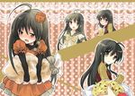  black_hair blush bread brown_eyes dress food food_themed_hair_ornament hair_ornament halloween jack-o'-lantern long_hair melon_bread multiple_persona pumpkin pumpkin_hair_ornament school_uniform serafuku shakugan_no_shana shana tachitsu_teto 