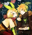  1girl bad_id bad_pixiv_id blush brother_and_sister casual food fork heart kagamine_len kagamine_rin miyake_achi scarf siblings twins vocaloid 