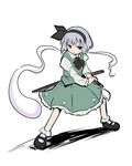  black_hairband bow dual_wielding hairband highres holding katana konpaku_youmu konpaku_youmu_(ghost) shirabiso short_hair silver_hair solo sword touhou weapon 