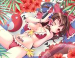  adapted_costume bikini body_writing brown_hair flower hakurei_reimu headphones hibiscus innertube meropan navel one_eye_closed red_bikini red_eyes solo swimsuit touhou yin_yang 