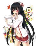  alternate_hair_color bad_id bad_pixiv_id black_hair blush fujiwara_no_mokou geike hair_ribbon highres hime_cut long_hair look-alike midriff navel open_mouth ponytail red_eyes ribbon short_shorts shorts solo suspenders touhou very_long_hair 