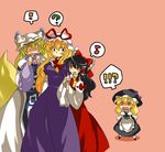  !? 4girls ? arm_grab ascot bad_id bad_pixiv_id black_hair blonde_hair dress eighth_note elbow_gloves fox_tail gloves hakurei_reimu hammer_(sunset_beach) hat jealous kirisame_marisa long_hair multiple_girls multiple_tails musical_note o_o purple_eyes short_hair simple_background speech_bubble spoken_musical_note tail teardrop tears touhou yakumo_ran yakumo_yukari 