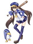  baseball_bat blue_hat brown_hair disgaea hat hinata_sora kazamatsuri_fuuka legs prinny school_uniform solo thighhighs zettai_ryouiki 