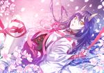  cherry_blossoms choker hinomoto_oniko horns kunimoto_ori long_hair lying on_back original petals purple_hair ribbon solo yellow_eyes 