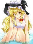  blonde_hair braid breasts hat highres k2isu kirisame_marisa long_hair naughty_face one-piece_swimsuit see-through small_breasts solo swimsuit touhou wet white_swimsuit yellow_eyes 