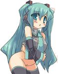  aqua_eyes aqua_hair bad_id bad_pixiv_id blush bottomless detached_sleeves hatsune_miku hips long_hair necktie pussy simple_background solo thighhighs tsuderou twintails uncensored undressing very_long_hair vocaloid 