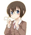  :&lt; bad_id bad_pixiv_id blazer blue_eyes blush brown_hair closed_eyes glasses jacket mukunoki_nanatsu ore_no_imouto_ga_konna_ni_kawaii_wake_ga_nai school_uniform short_hair solo tamura_manami 