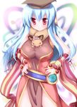  blue_hair blush breasts cosplay hands_on_hips hat hizukiryou kamishirasawa_keine large_breasts long_hair professor_(ragnarok_online) ragnarok_online red_eyes solo touhou 